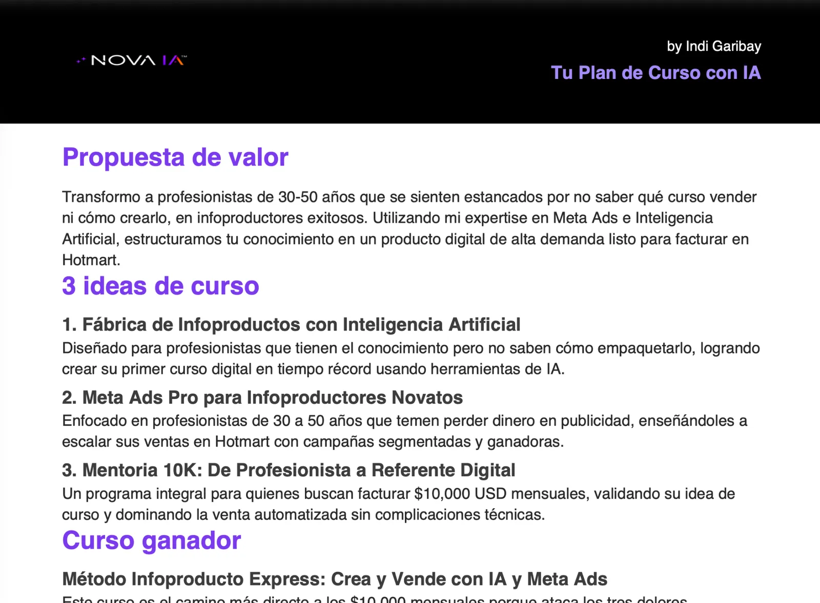 Ejemplo real de un plan de curso generado con IA en NOVA IA